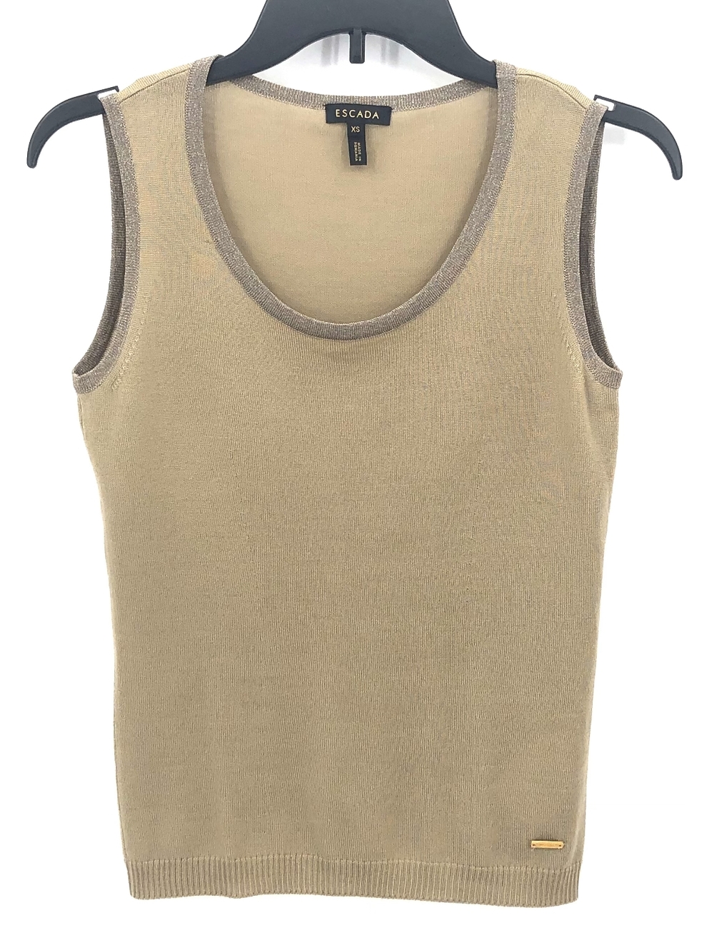 Escada Camel Knit Shell with Gold Logo Plaque, Size XS